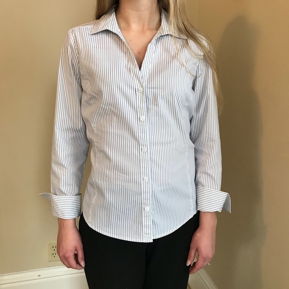 Ann Taylor Factory Fitted Pinstripe Blouse Shirt Size 10 Petite - Picture 2 of 5